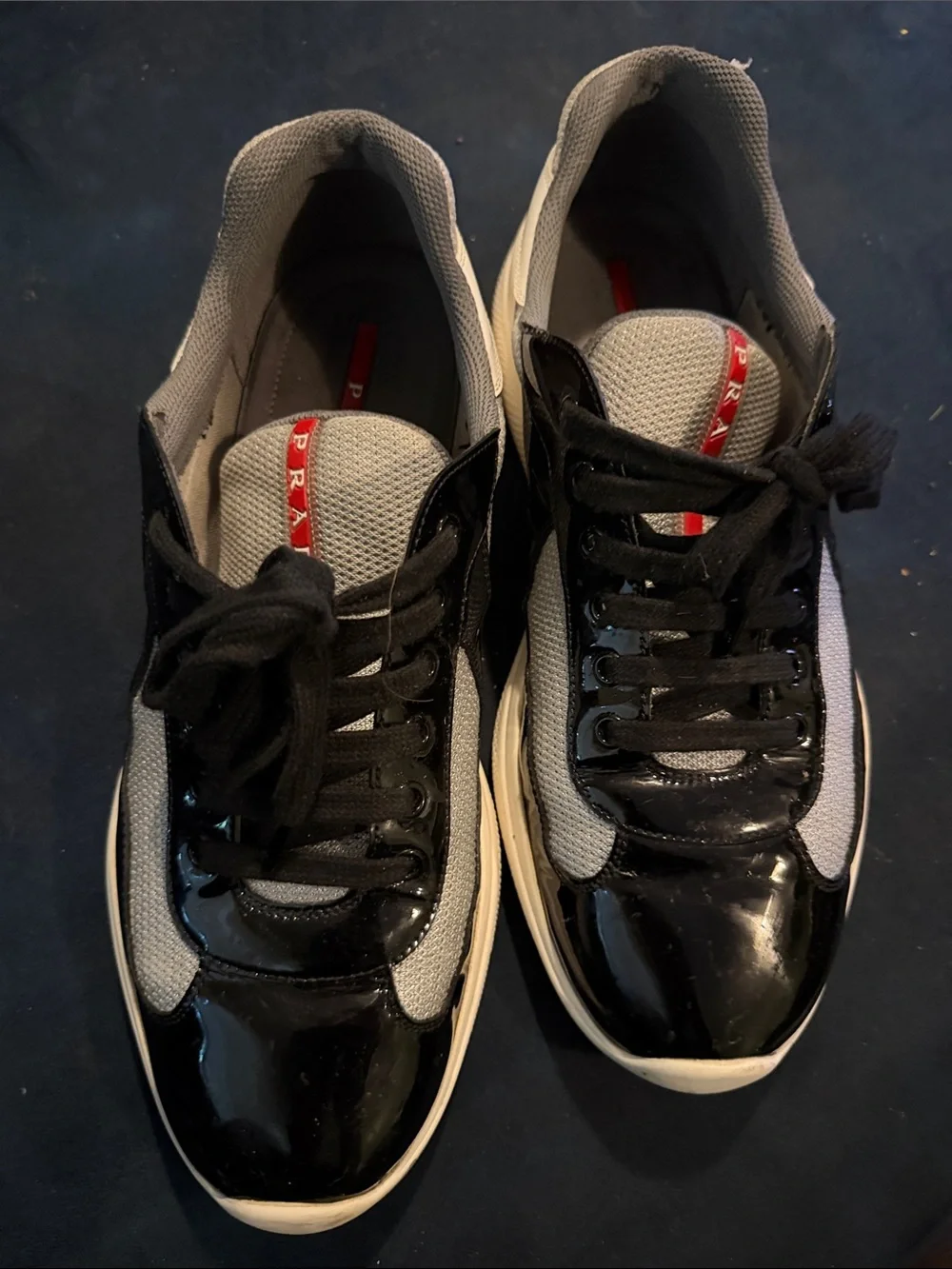Prada Black Patent and Gray Mesh Men’s Low-Top Sneakers